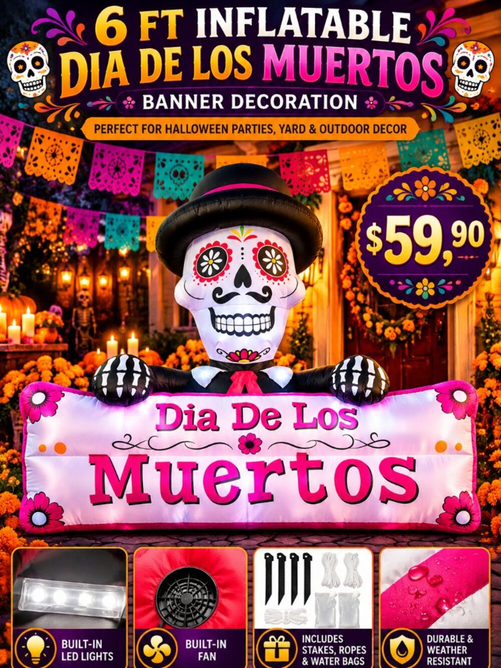 6FT Halloween Inflatable Decor, Day of the Dead